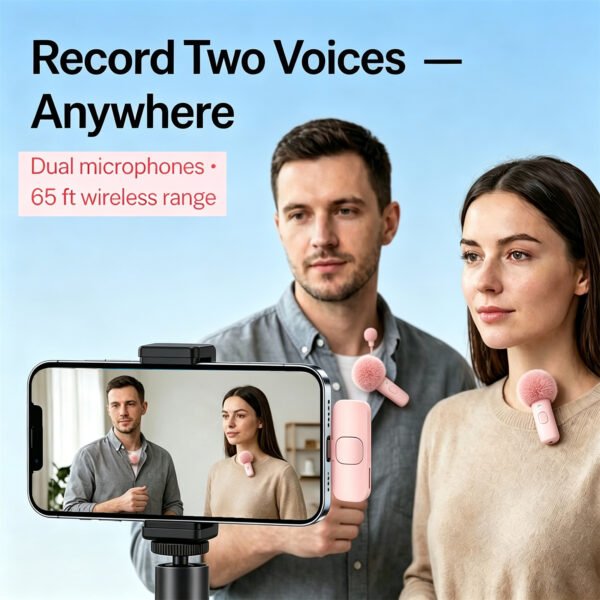 Wireless Lavalier Microphone for iPhone and Android, 2-Pack Mini Clip-On Mic with Noise Reduction Plug and Play for TikTok, YouTube Video Recording, Pink