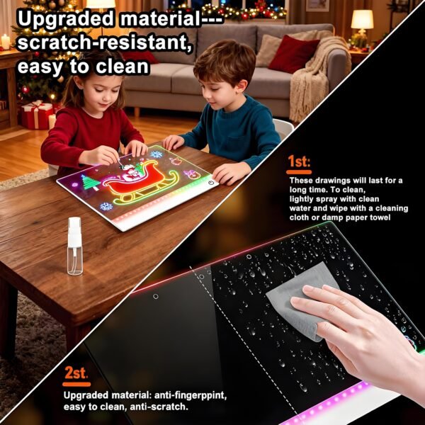 6.easy clean-LEDBan-CX-40x30 Rechargeable LED Drawing Board for Kids, Light Up Acrylic Doodle Board with 7 RGB Colors,8 Drawing Tracing Templates,Boys and Girls Gift