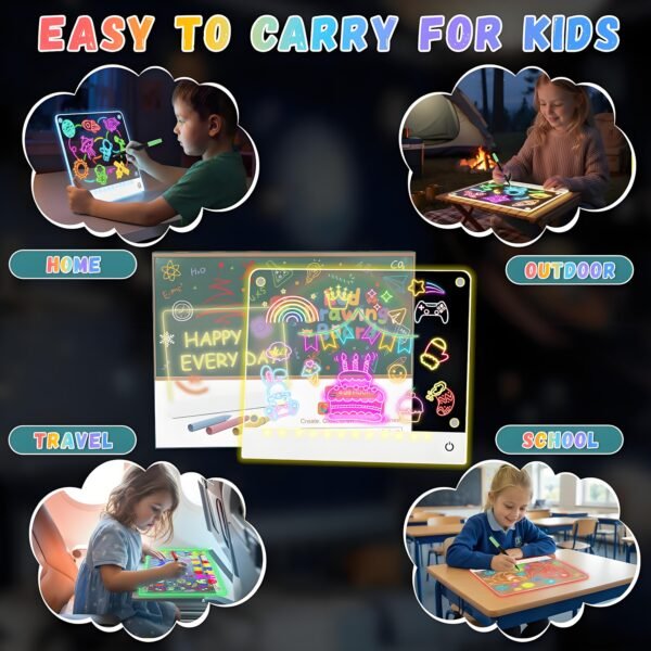 7 portable-LEDBan-CX-35x25 Rechargeable LED Drawing Board for Kids, Light Up Acrylic Tracing & Writing Board with 7 RGB Colors,6 Light Modes, Magnetic Paper Holder, USB-C Charging, Creative Gift for Boys & Girls