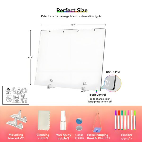 8 including-LEDBan-CX-35x25 Rechargeable LED Drawing Board for Kids, Light Up Acrylic Tracing & Writing Board with 7 RGB Colors,6 Light Modes, Magnetic Paper Holder, USB-C Charging, Creative Gift for Boys & Girls