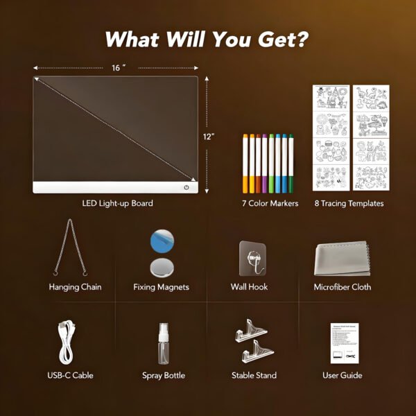 8. includings-LEDBan-CX-40x30 Rechargeable LED Drawing Board for Kids, Light Up Acrylic Doodle Board with 7 RGB Colors,8 Drawing Tracing Templates,Boys and Girls Gift