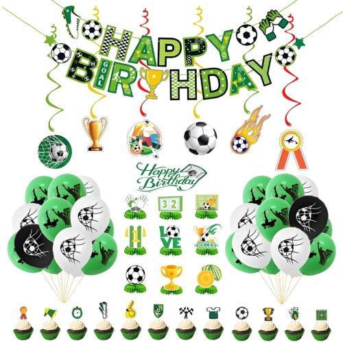 Soccer Birthday Party Supplies,Decorations Kit Soccer-Themed with Banner Hanging swirls,Latex Balloons Cupcake Toppers for boys girls