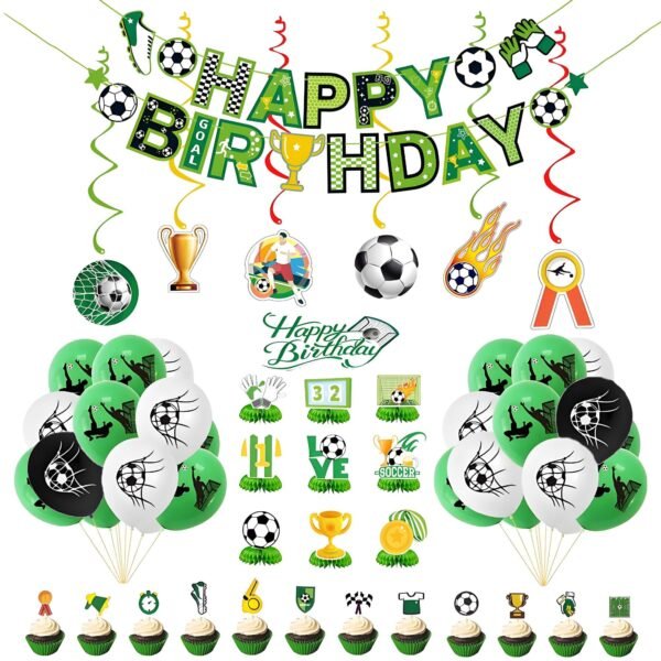 Soccer Birthday Party Supplies,Decorations Kit Soccer-Themed with Banner Hanging swirls,Latex Balloons Cupcake Toppers for boys girls