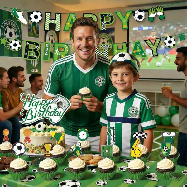 Soccer Birthday Party Supplies,Decorations Kit Soccer-Themed with Banner Hanging swirls,Latex Balloons Cupcake Toppers for boys girls